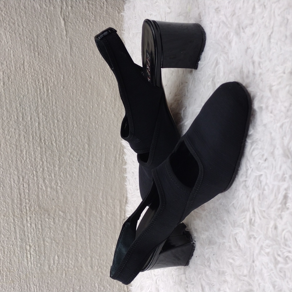 PREVATA Black Cut Out Fabric Upper Square Toe  Patent Block Heel Slingback Shoes